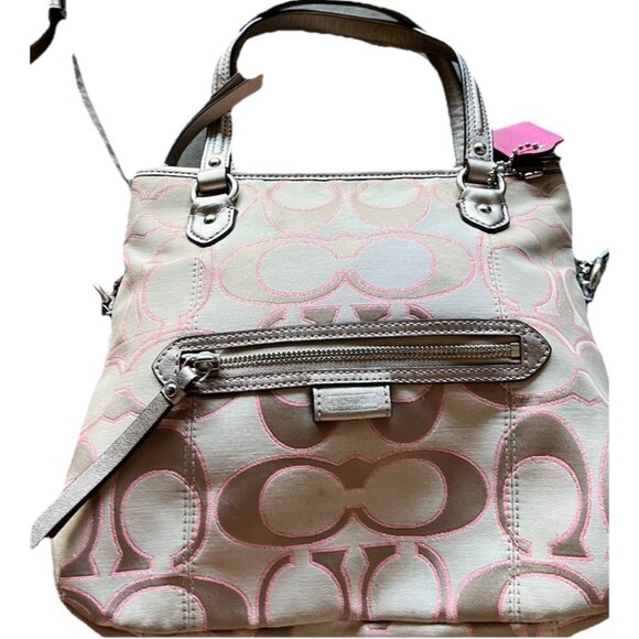 Coach Daisy Signature Metallic Outline Tote Shoulder Bag Hobo Purse Sateen PINK - Picture 1 of 16